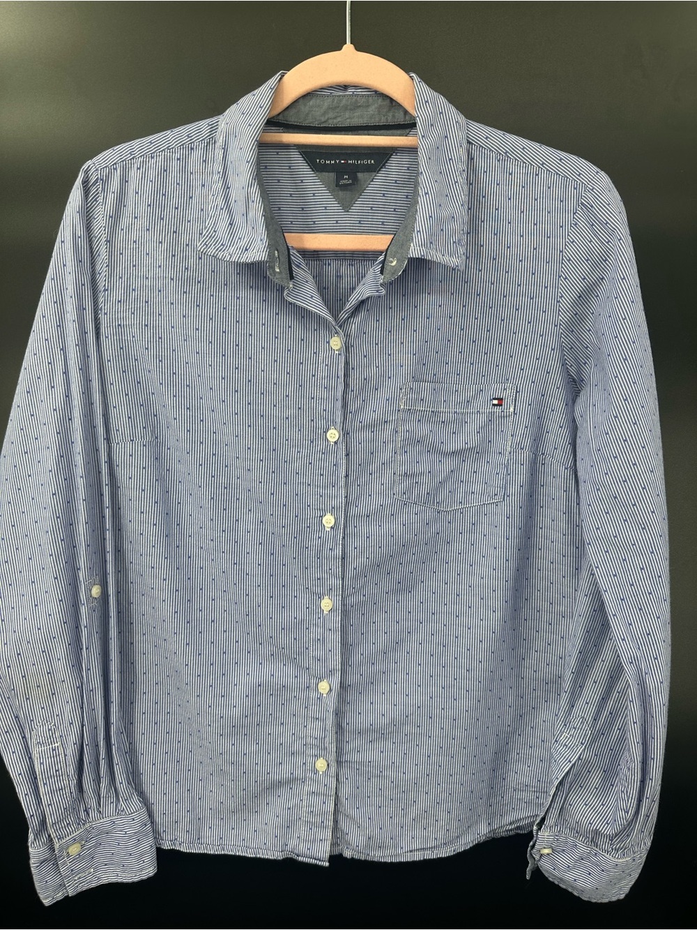Tommy Hilfiger Blue Stripe Button Front Shirt Medium 100% Cotton Preppy 1268 - Picture 2 of 9